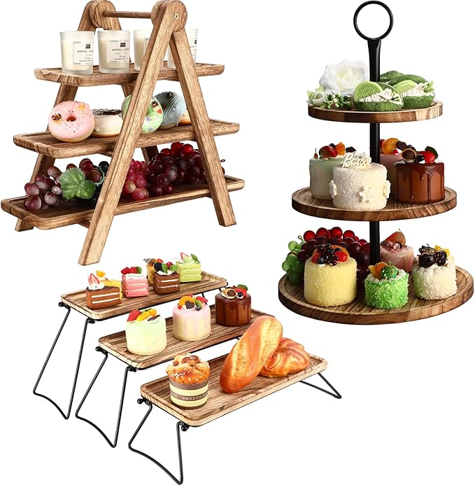 Wenqik Set of 3 Wood Cupcake Stand 3 Tiered Serving Tray Rustic Wooden Dessert Cake Stand Display Cookie Candy Buffet Holder for Tea Party Wedding Home Farmhouse Kitchen Decor