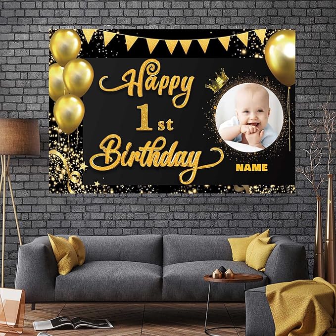 Custom Happy 1st Birthday Decorations Banner -1 Years Old Backdrop forwomenmen Boys Girls - Personalization Party Supplies Black and Gold, 4x6ft/5x7.5ft/6x9ft/7x10.5ft/8x12ft