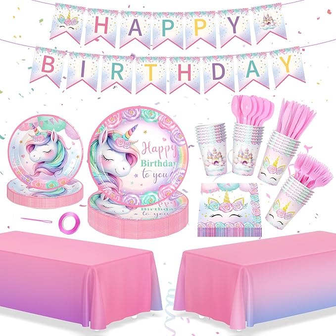 171Pcs Unicorn Birthday Party Supplies with Plates Cups Napkins Cutlery, Unicorn Birthday Decorations with Unicorns Banner and Tablecloths, 24 Serves Pink Disposable Tableware for Party Decor