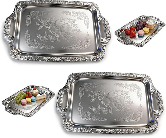 Silver Serving Tray, Metal Serving Tray - 2 Pack Rectangular Decorative Serving Trays with Handles, Ideal for Serving Food and Desserts, Perfect for Home, Parties and Weddings.