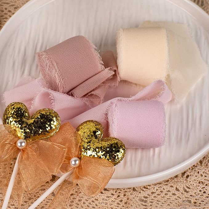 Chiffon Ribbon, Ivory White Pastel Pink Silk Ribbon, Engagement Wedding Shower Party Decorations, 1-1/2''x21Yd Handmade Frayed Fringe Ribbon for Wrapping, Floral Vase, Invitation Card, 3 Rolls