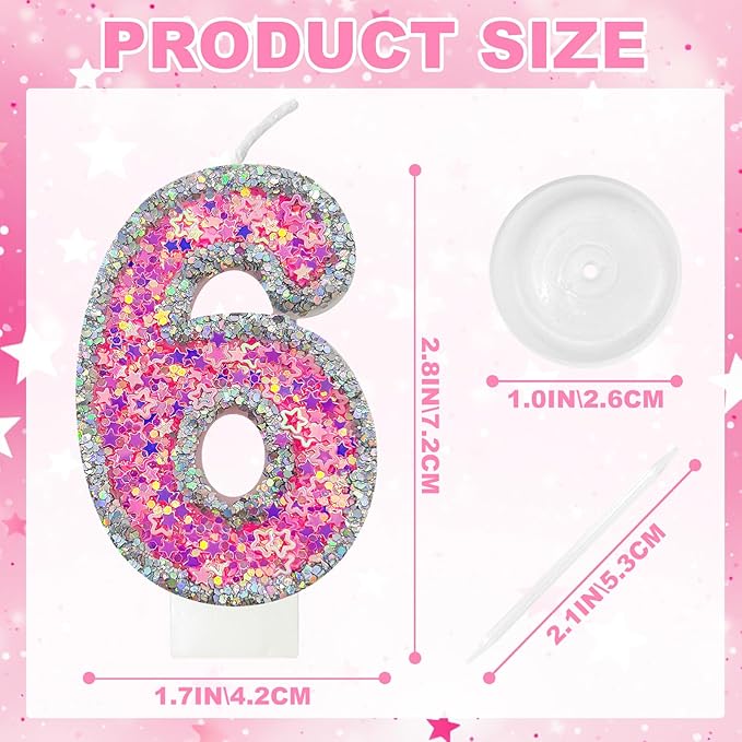 Number 6 Birthday Candle for Cake – Silver Glitter Edge with Pink Star Confetti – Decorative Number Cake Topper for Anniversary & Celebration Party Decor