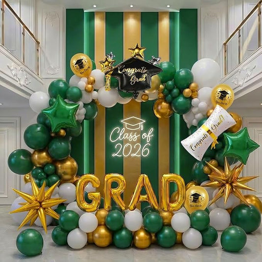Green Graduation Balloon Garland Arch Kit 115PCS with Graduation Star print Certificate Letter Mylar Foil Balloons for Graduate Class of 2026 Grad Prom party Decorations Supplies (Green Gold White)