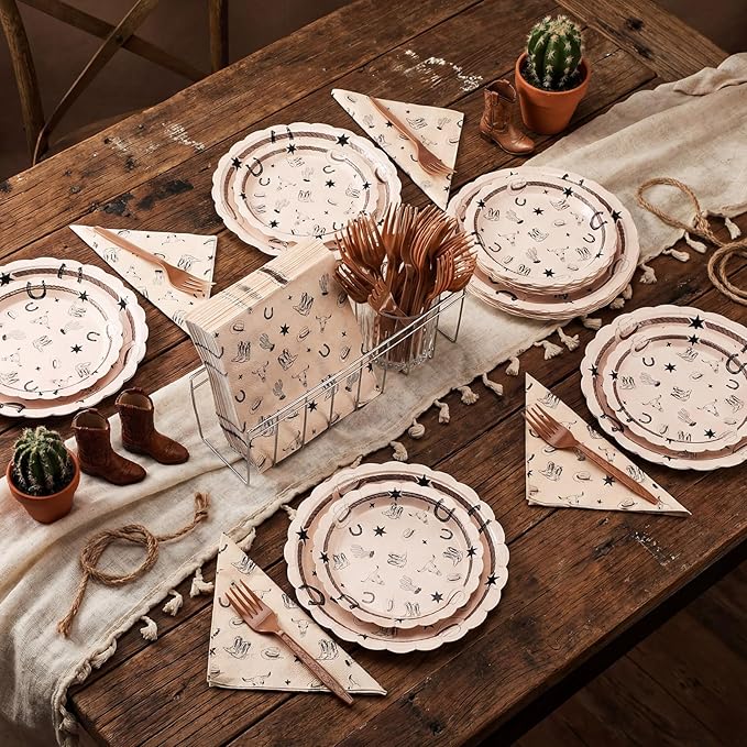 AmazingSpark 122 Pcs Cowboy Paper Plates and Napkins Forks Western Birthday Supplies First Rodeo Bachelorette Party Plates Cowboy Ranch Tableware Set for Kids Boys Baby Shower Decorations, Serve 24