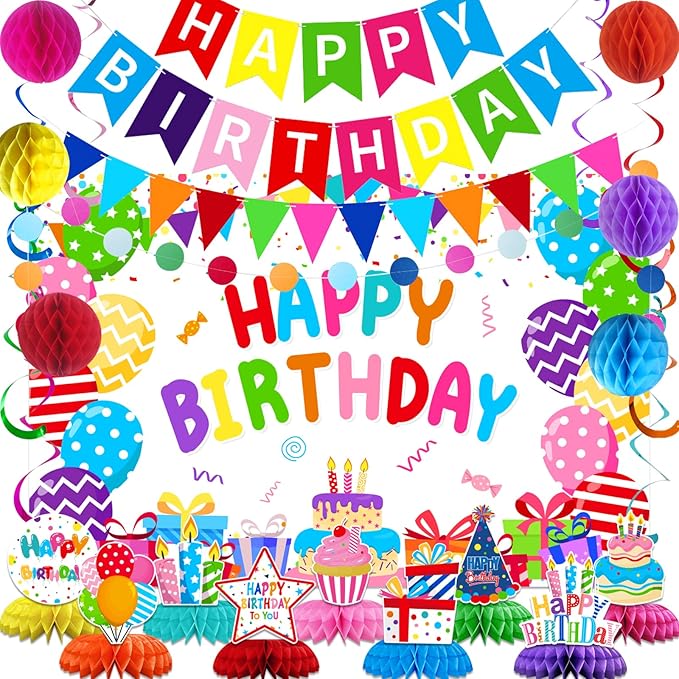 Colorful Happy Birthday Party Decoration Set – Rainbow Banner, Hanging Swirls, Honeycomb Balls, Backdrop & Table Centerpieces for Fun Birthday Celebrations