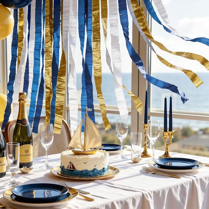 NICROLANDEE Navy Blue Party Decorations - 6 Rolls Navy Blue Gold Ivory Crepe Paper Streamers Tassels Paper for Graduation Party Bridal Shower Wedding Birthday Supplies