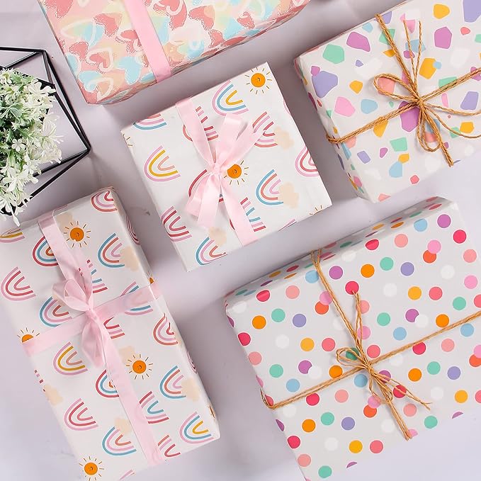 Larcenciel Gift Wrapping Paper, Birthday Wrapping Paper for Girl w/Gift Tags, Rainbow Polka Dots Heart Gift Wraps for Birthday, Valentines Day, Christmas, Wedding, Baby Shower, 4 Sheets 27.5x19.6inch