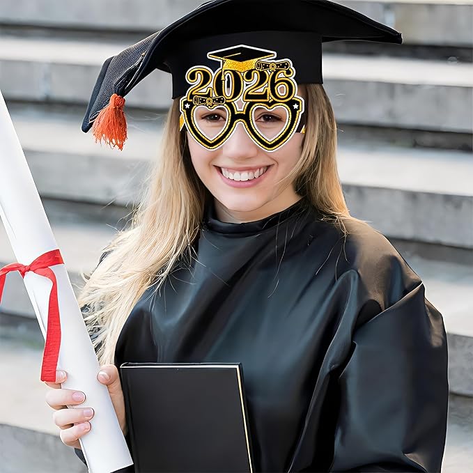 2026 Graduation Party Decorations Glasses, 12 Pcs Class of 2026 Grad Party Eyeglasses Photo Props, Graduation Photo Booth Props for Women Men College Graduation Favors Supplies (Gold)