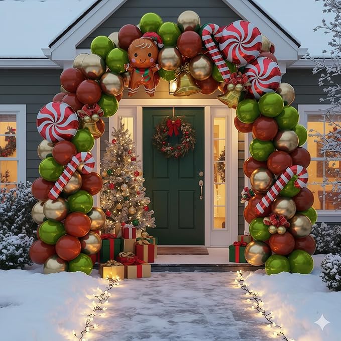 Red and Green Christmas Balloon, 12'' Retro Maroon Ruby Red Metallic Gold Pastel Green Xmas Latex Balloons with Candy Cane Gingerbread Man Foil Balloon for Merry Christmas Party New Year Decorations