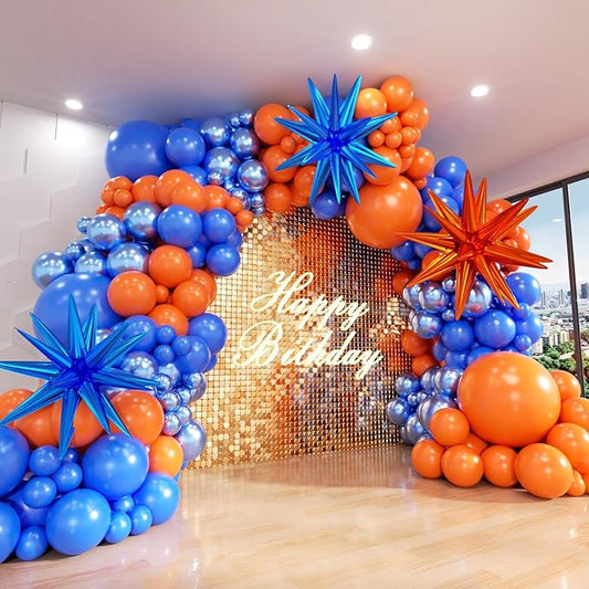 Blue and Orange Balloon Arch Kit, 151Pcs Royal Blue Metallic Blue Orange Balloon Garland kit, Different Size Balloons for Girl Birthday Anniversary Baby Shower Graduation Party Decorations