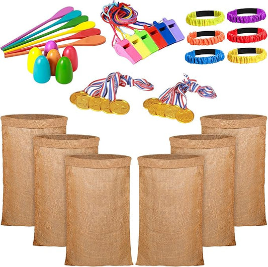 40 Pieces Outdoor Carnival Game Set Includes 6 Potato Sack Race Bags, 6 Egg and Spoon Race Game, 6 Legged Race Bands Egg Hunt Family Gathering Party Favor, 6 Whistles and 10 Medals for The Game