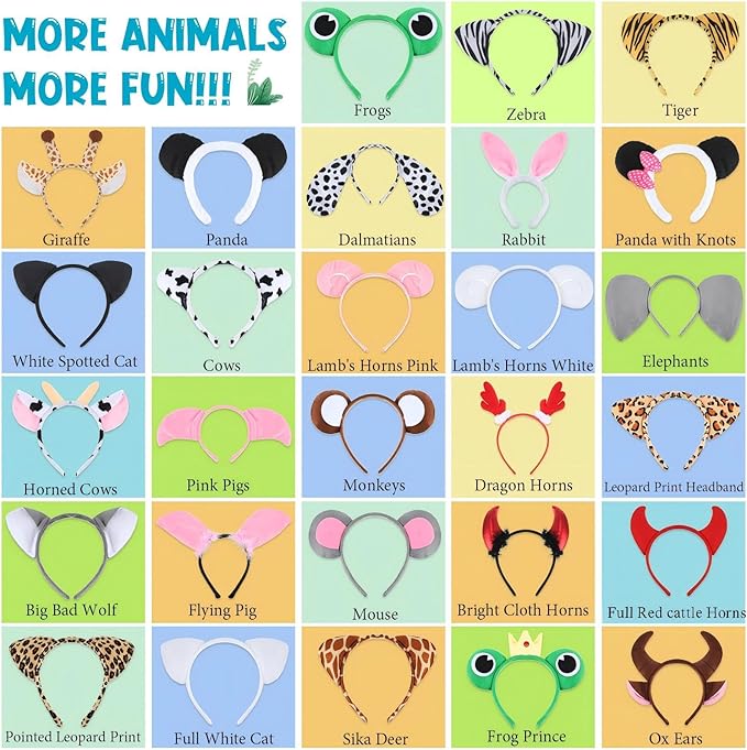 28 Pieces Safari Animal Headbands with Ears, Horns, and Hoops - Jungle Theme Birthday Photo Props for Kids and Adults