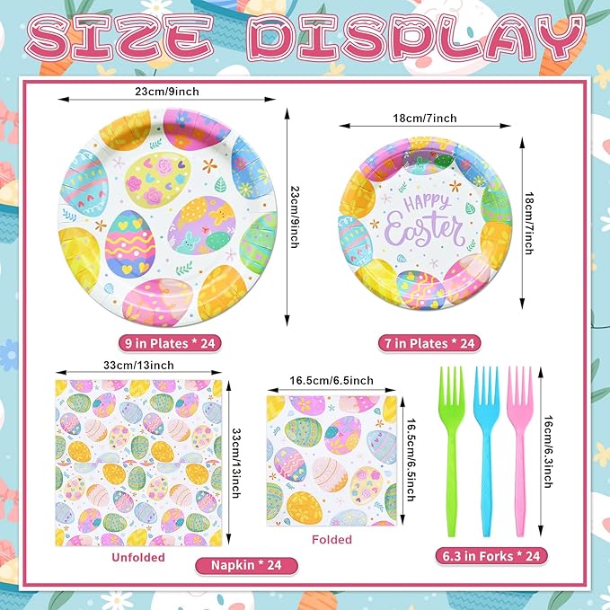 96 Pieces Easter Tableware Set Party Supplies - Happy Easter Colorful Eggs Pattern Disposable Paper Plates, Napkins, Forks Dinnerware for Spring Celebrations, Picnics, Serves 24 Guests