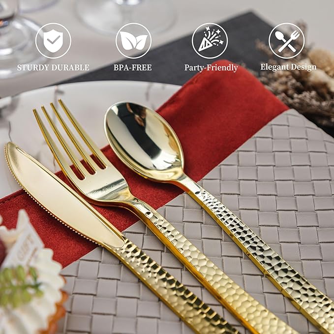 360PCS Gold Plastic Silverware, Heavy Duty Plastic Cutlery Set, Disposable Utensils, 120 Forks, 120 Spoons and 120 Knives for Party, Wedding and Events