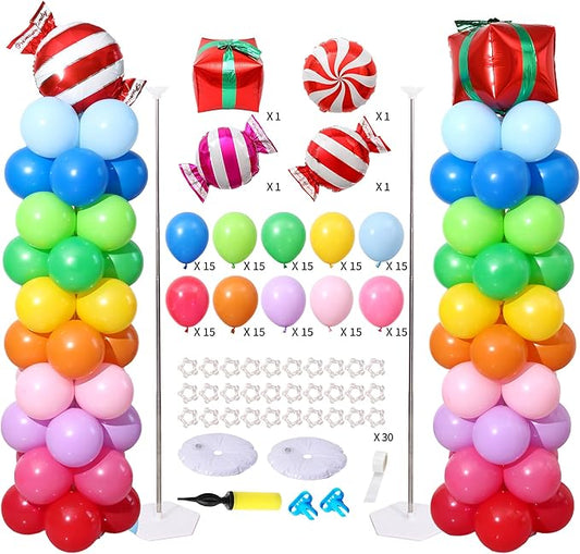 Rainbow Candy land Balloon Column Stand Kit Set of 2, 7 Feet Height Balloon Towers Set of 2 with Candy Gift Box Foil Balloons for Sweet Baby Shower Christmas Candyland Party Decorations
