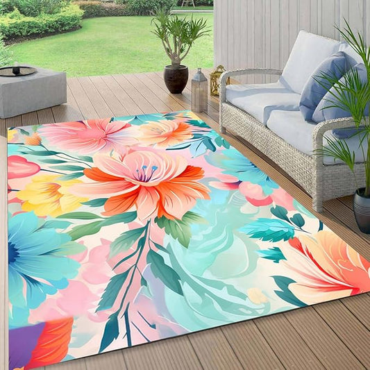 Washable Outdoor Rug with Floral Texture 9x12 Waterproof Non Slip Vibrant Area Rugs for Patio Deck Garden Balcony Large Flower Print Camping Porch Backyard Outside Carpet Aqua Pink