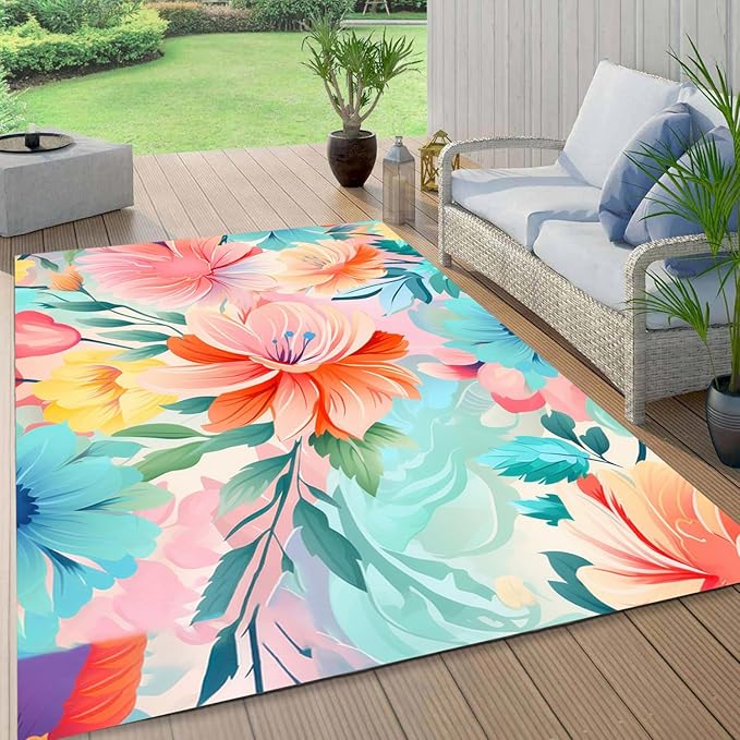 Washable Outdoor Rug with Floral Texture 2x6 Waterproof Non Slip Vibrant Area Rugs for Patio Deck Garden Balcony Large Flower Print Camping Porch Backyard Outside Carpet Aqua Pink
