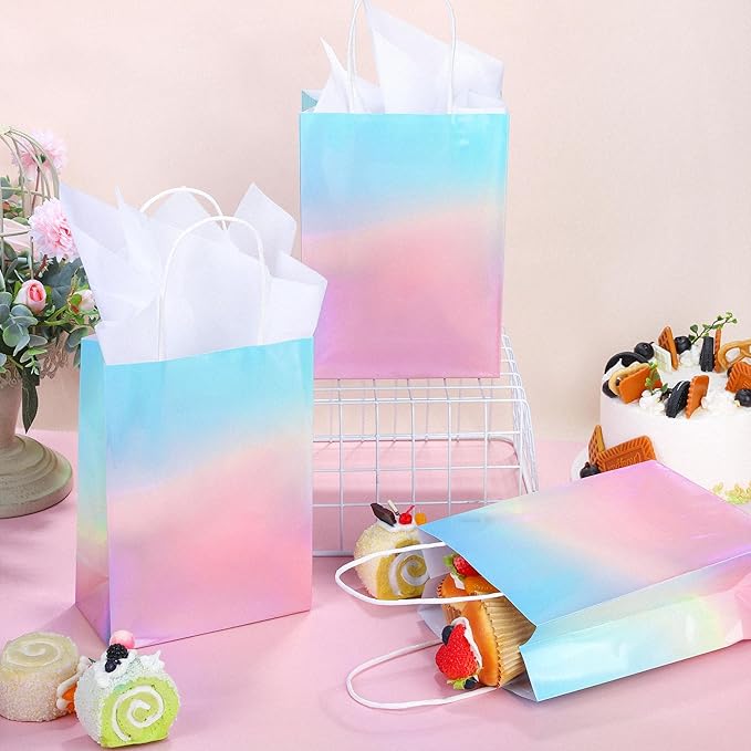 MIMIND 24 Pack Iridescent Paper Gift Bags with Handles Holographic Party Favor Bags with Tissue Paper 8.7 x 6.3 x 3.1 Inch Glitter Gradient Pink and Blue Goodie Candy Bag for Wedding Birthday Parties