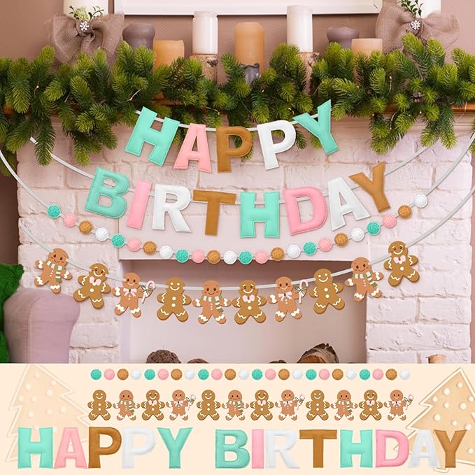 HunnmingRe 4 Pack Felt Gingerbread Christmas Birthday Party Decorations Pastel Happy Birthday Felt Banner Gingerbread Man Pom Poms Hanging Bunting Garland for Winter Christmas Baby Shower Decor