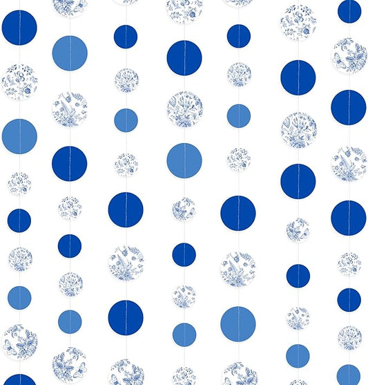 Blue White Floral Party Decoration Dusty Blue Circle Dot with Floral Printed Polka Dots Garland Streamer for Chinoiserie Birthday Baby Shower Wedding Engagement Bachelorette Party Decorations Supplies