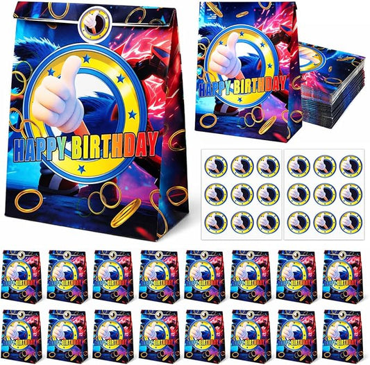 EomkuDzG 16 PCS Blue Hedgehog Video Game Party Favor Bags with Stickers, Birthday Goodie Gift Candy Treat Bags, Blue Gold Ring Gamer Theme Party Supplies