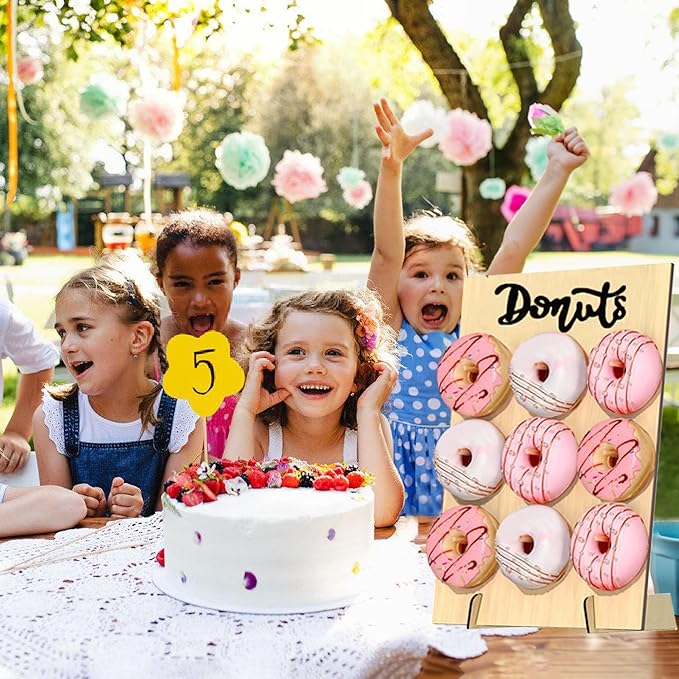 Donut Wall Display Stand 2PCS Donut Board Display with 2PCS Donut Tower Stand, Wooden Donut Holder Stand for Baby Shower Party Wedding Birthday