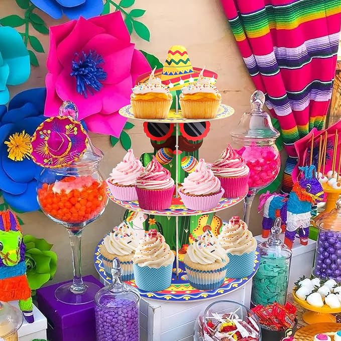 Fiesta Party Decorations 3 Tier Mexican Cupcake Stand Cinco De Mayo Cupcake Stand Taco Birthday Party Supplies Fiesta Cactus Dessert Holder Display for Baby Shower Decorations