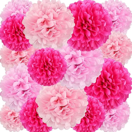 18 PCS Tissue Paper Pom Poms, Tissue Pom Poms Flowers, Sizes of 6", 10", 12", 14" Hanging Paper Flower Ball for Wedding, Birthday, Gender Reveal, Baby Shower Valentine's Day Party Decor (Pink Set)