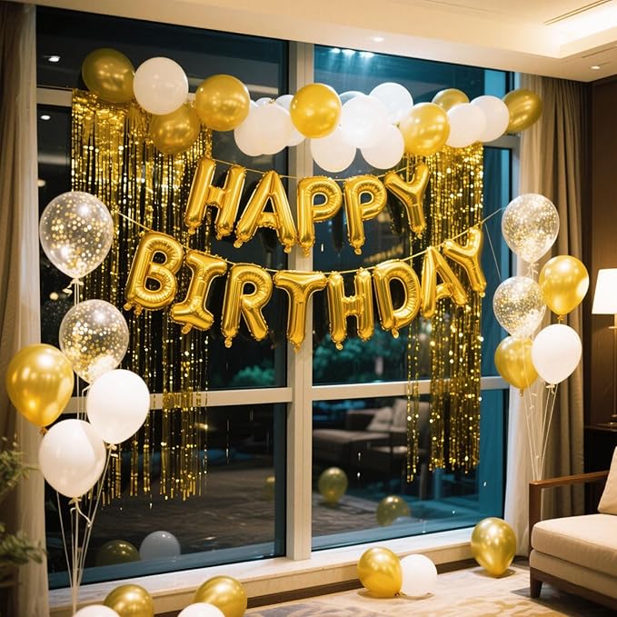 Gold Happy Birthday Balloon Banner Set -16 Inch Foil Letters Balloons, Reusable Birthday Decorations and Party Supplies, Suitable for Men and Women's Birthday Decorations，Party Backdrop