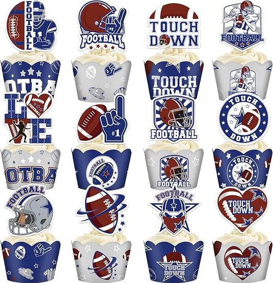 Cowboy Football Birthday Decorations - 48 Pcs American Rugby Sports Paper Party Cupcake Toppers and Liners, Game Day Happy Bday Cake Picks Baking Cups Wrappers Supplies Decor for Boys Men