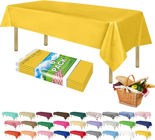 ZIMPLEWARE Premium Yellow Plastic Table Cloth Disposable (6 Pk) Plastic Tablecloths for Rectangle Tables (54in x 108in) Party Table Cloths Disposable for 6ft to 8ft Rectangle Tables