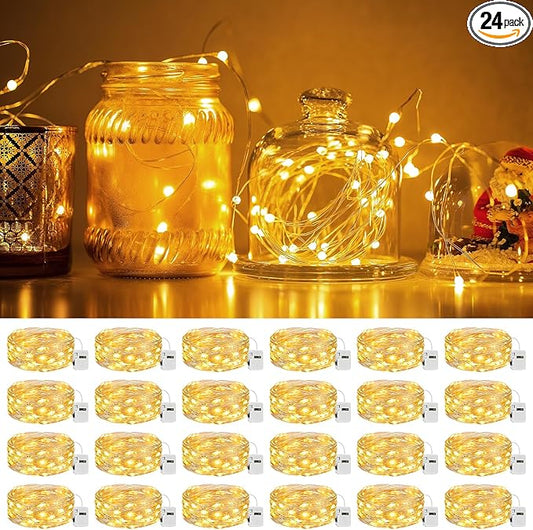 litogo 24 Pack 7FT 20 LED Fairy Lights Battery Operated, 3 Lighting Modes, Bulk Mini Twinkle String Lights Waterproof Silver Wire for Weddings Mason Jars Party Christmas Decorations-Warm White