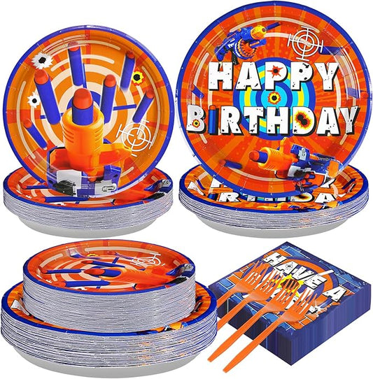 Grencian 200Pcs Dart War Party Supplies Oragne Dart War Party Plates Napkins Forks Disposable 350GSM Paper Tableware Set for Kids Boys Birthday Party Decorations, Serves 50