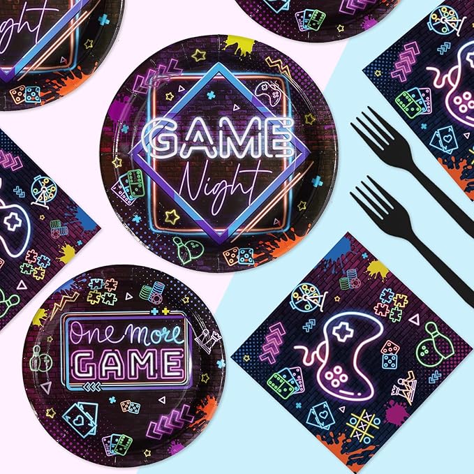 96Pcs Video Game Party Decorations Glow Neon Game On Plates and Napkins Tableware Set Game Night Decorations for Adults Game On Gamer Birthday Sleepover Slumber Prom Gaming Party Supplies Serves24