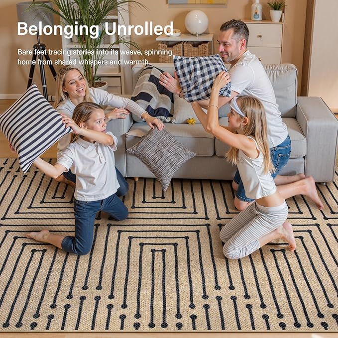 Lahome Boho 3x5 Washable Rugs for Entry, Easy Jute Indoor Outdoor Porch Rugs, Maze Lines Modern Throw Rug Non Slip Stain Resistant Door Mat for Bedroom Living Room Deck