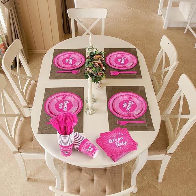 Kochorie 144 Pieces Let's Go Party Tableware Sets Including Disposable Plates Napkins Cups Forks Serves 24 for Birthday Disco Pink Girl Party Supplies