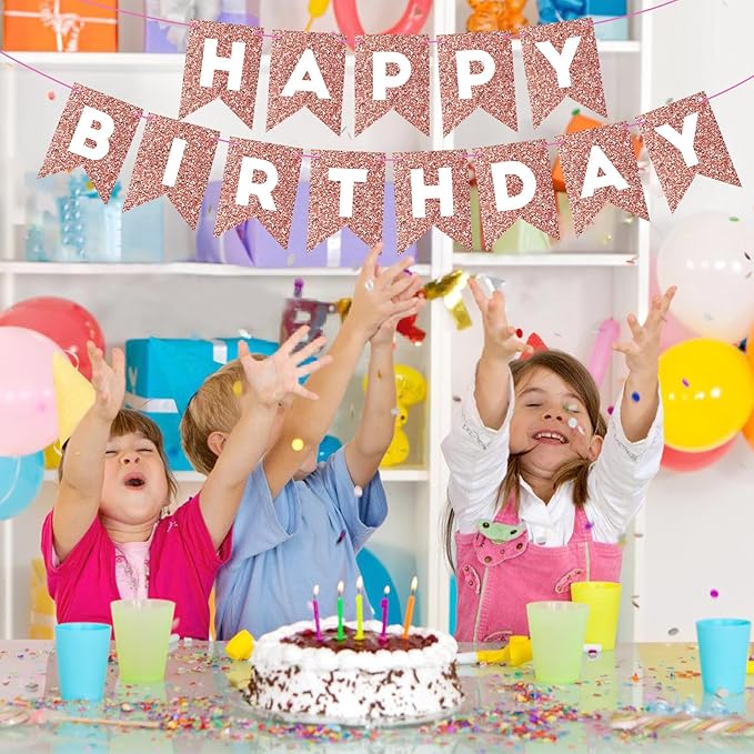 Hooqict Rose Gold Happy Birthday Banner Sign for Backdrop Rose Gold Birthday Decorations for Women Girls Wall Door Party Banner Garland Bunting Flag