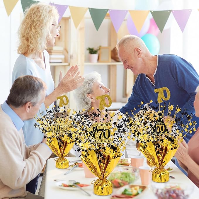 Tatuo 4 Pcs Metallic Foil Spray Centerpiece Happy 30th 40th 50th 60th 70th 80th Years Centerpiece Table Decorations for Black and Gold Birthday Anniversary Wedding Party Table Decor(70th Birthday)