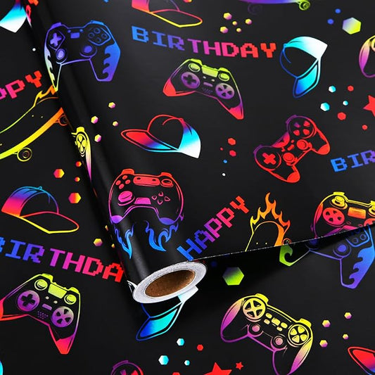 Titiweet Gaming Birthday Wrapping Paper for Boys Girls, 17 Inches x 33 Feet Black with Vibrant Game Controller, Skateboard & Cap Design Wrapping Paper for Game Lover