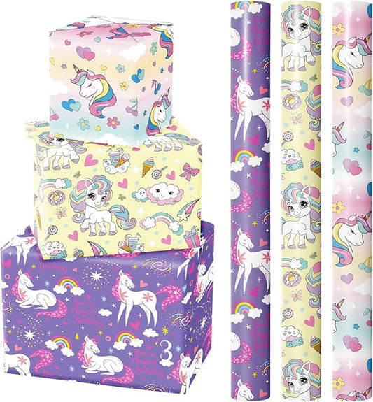 WRAPAHOLIC Unicorn Birthday Wrapping Paper Roll - 3 Short Roll - Rainbow Unicorn Wrapping Paper for Kids Boys Girls Birthday, Baby Shower - 17 Inch x 120 Inch Per roll
