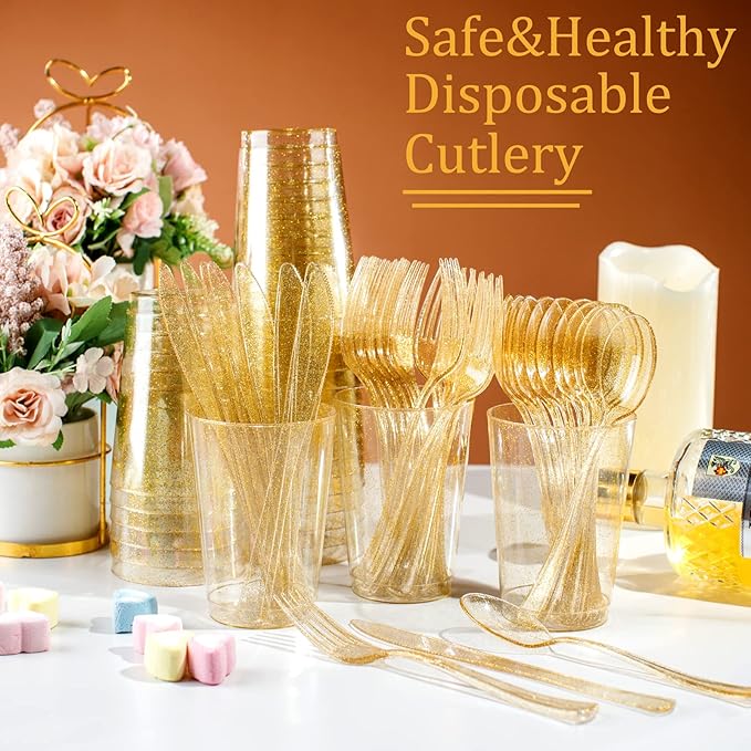 Supernal 300pcs Gold Glitter Plastic Silverware Set-Heavy Duty Disposable Gold Cutlery for Weddings, Parties Include 100 Forks, 100 Spoons & 100 Knives-Glitter Plastic Utensils for 100 Guests