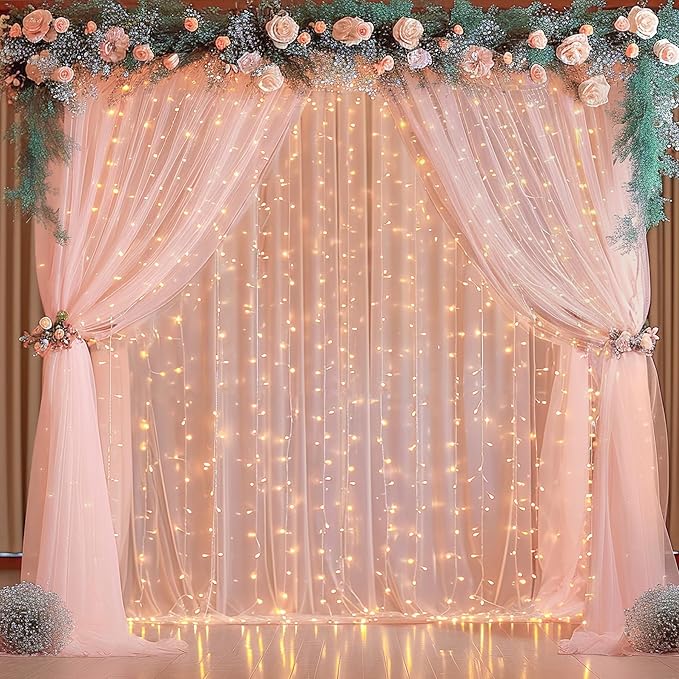 30x8ft Peach Tulle Backdrop Curtain with Lights String for Parites, Sheer Photo Backdrop Curtains for Easter Wedding Baby Shower Birthday Party Photo Shoot Decorations