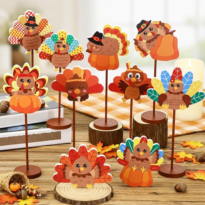 Geelin 10 Pcs Thanksgiving Turkey Decoration Wooden Turkeys Thanksgiving Table Sign Centerpiece Wood Tall Standing Block Set for Party Farmhouse Office Harvest Day Desk Decoration(Cute Turkey)