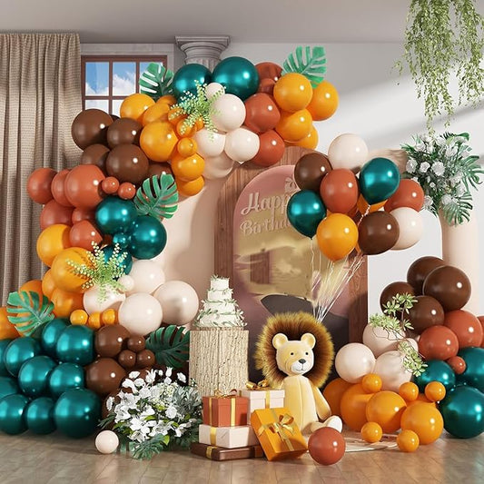 HILAVO Green and Brown Balloon Arch Kit Double Stuffed Teal Green Mustard Yellow Orange Brown Coffee Beige Retro Balloon for Wild Safari Jungle Hunting Birthday Baby Shower Party Decorations