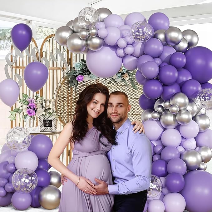 147pcs Purple Balloon Garland Arch Kit, Different Sizes with Dark Purple Light Purple Metallic Silver Confetti Lavender Latex Balloons for Baby Shower Wedding Birthday Party Decorations