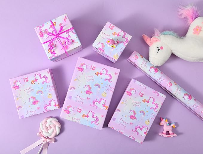 Titiweet Unicorn Wrapping Paper Roll - Mini Roll 17 Inches X 33 Feet - Birthday Wrapping Paper for Girls, Rainbow Wrapping Paper for Birthday Party(Unicorn)