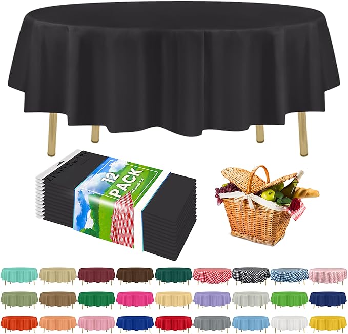 ZIMPLEWARE Premium Dark Grey Plastic Table Cloth Disposable (12 Pack) Round Tablecloth (84in) Party Table Cloths Disposable, Perfect Table Cloth Round Cover for Any Table Up to 6 Feet