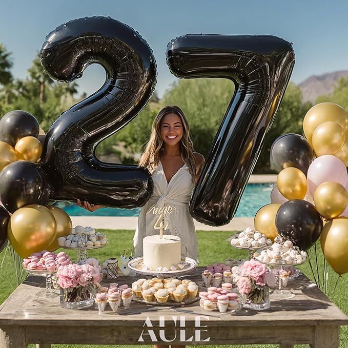 AULE 40 Inch Large 27 Number Balloons Black, Big Foil Number Balloons, Giant Helium Happy 27th Birthday Party Decorations for Man and Women, Huge Mylar Anniversary Party Supplies