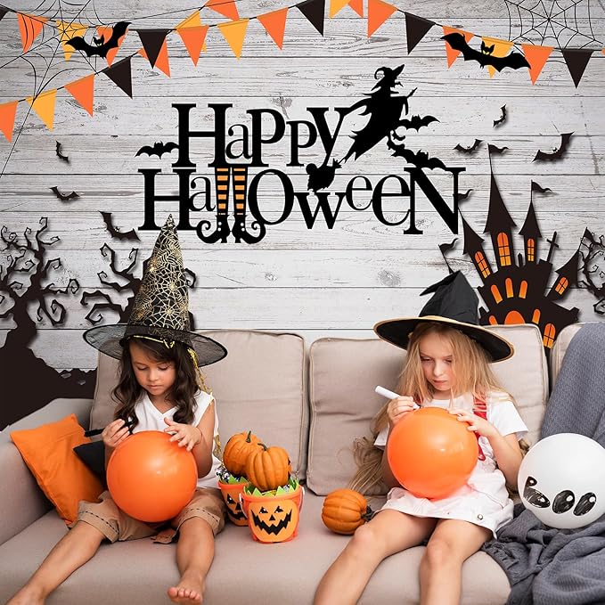 Mocsicka Happy Halloween Backdrop Spider Web Witch and Flying Bats Photography Background Wooden Floor Halloween Party Cake Table Decoration Banner Photo Booth Props (7x5ft)