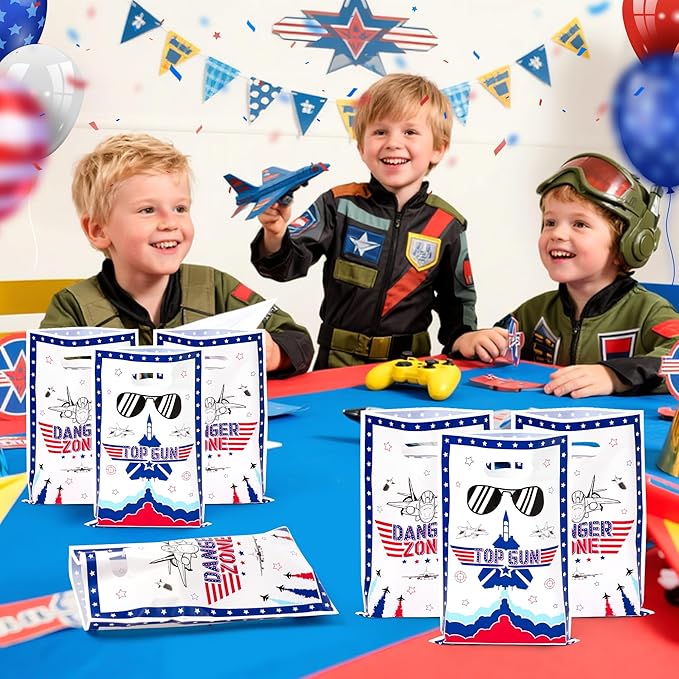 Andi Cppss Fighter Jet Party Favor Bags - 50PCS Fighter Jet Gift Bags for Airplane Birthday Party Supplies Airplane Plastic Goodie Candy Treat Bag with Handles for Kids Plane Theme Party Decorations